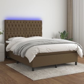 Cama box spring colchón luces LED tela marrón oscuro