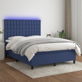 Cama box spring colchón y luces LED tela azul 140x190