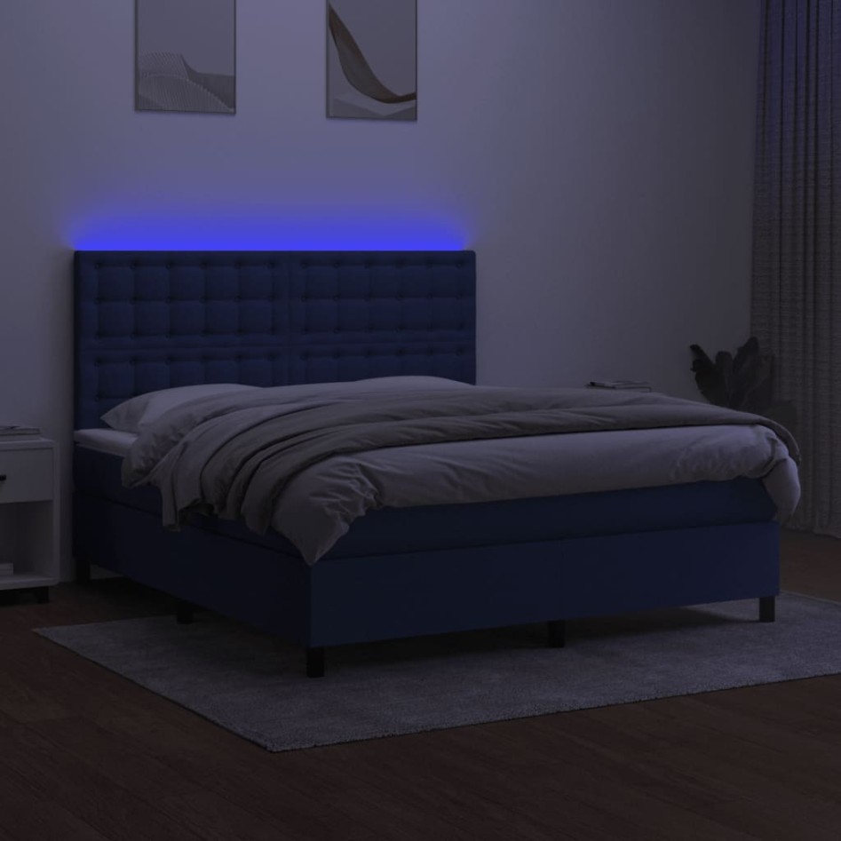 Cama box spring colchón y luces LED tela azul 160x200