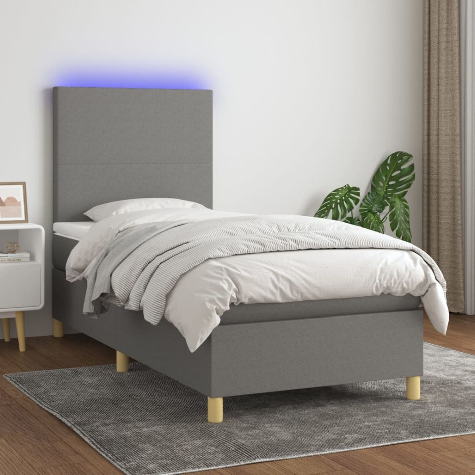 Cama box spring colchón y luces LED tela gris oscuro 80x200