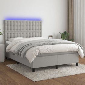 Cama box spring colchón y luces LED tela gris claro 140x200