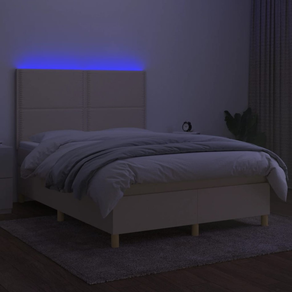 Cama box spring colchón y luces LED tela crema 140x190