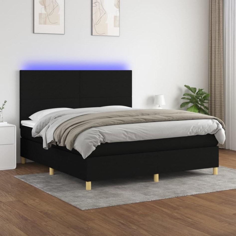 Cama box spring colchón y luces LED tela negro 160x200