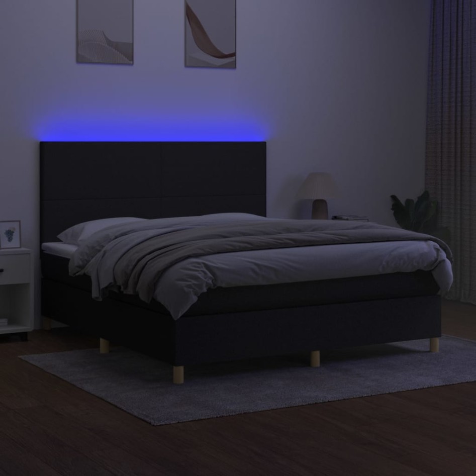 Cama box spring colchón y luces LED tela negro 160x200