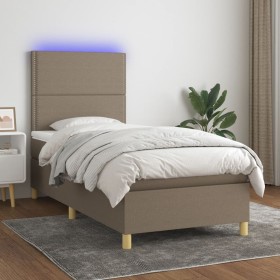 Cama box spring colchón y luces LED tela gris taupe 90x190