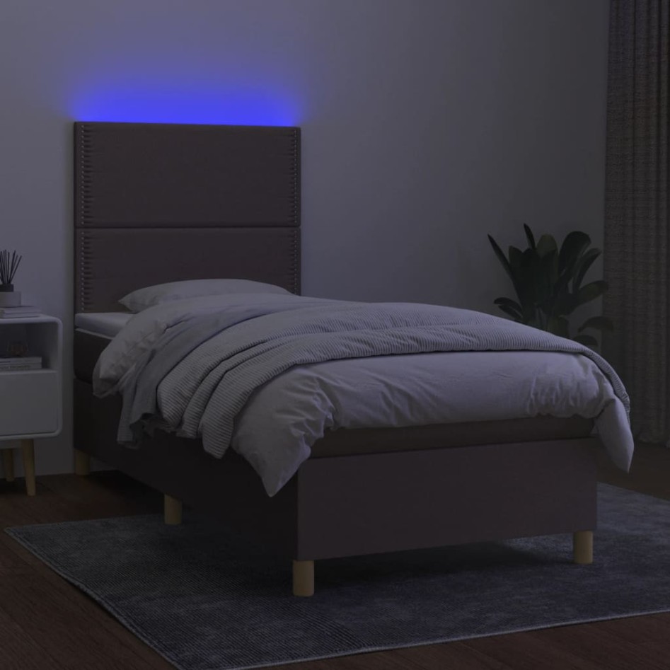 Cama box spring colchón y luces LED tela gris taupe 90x190