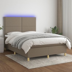 Cama box spring colchón y luces LED tela gris taupe 140x200