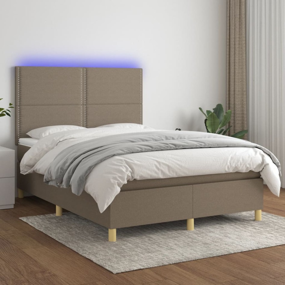 Cama box spring colchón y luces LED tela gris taupe 140x200