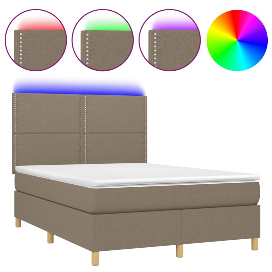 Cama box spring colchón y luces LED tela gris taupe 140x200