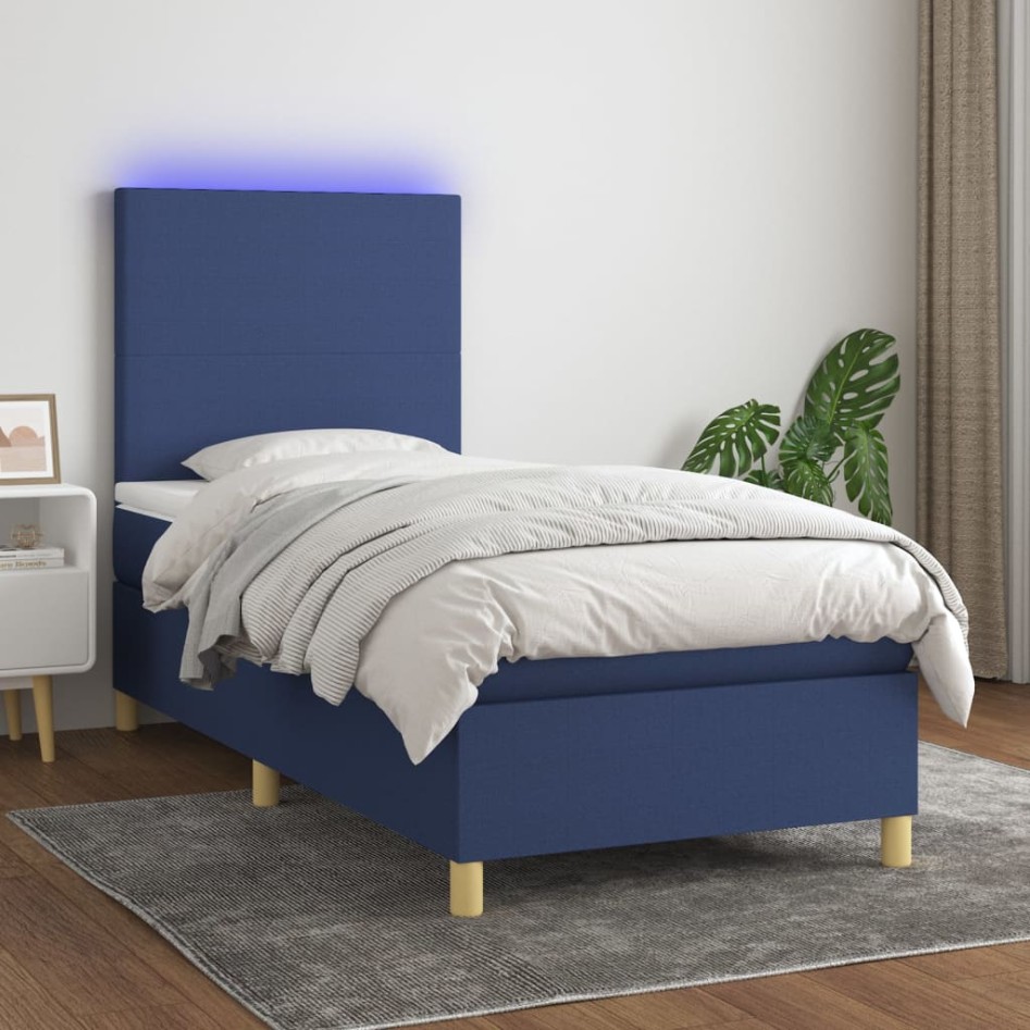 Cama box spring colchón y luces LED tela azul 90x200
