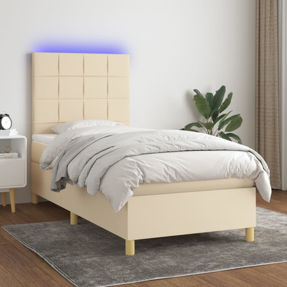 Cama box spring colchón y luces LED tela crema 90x200