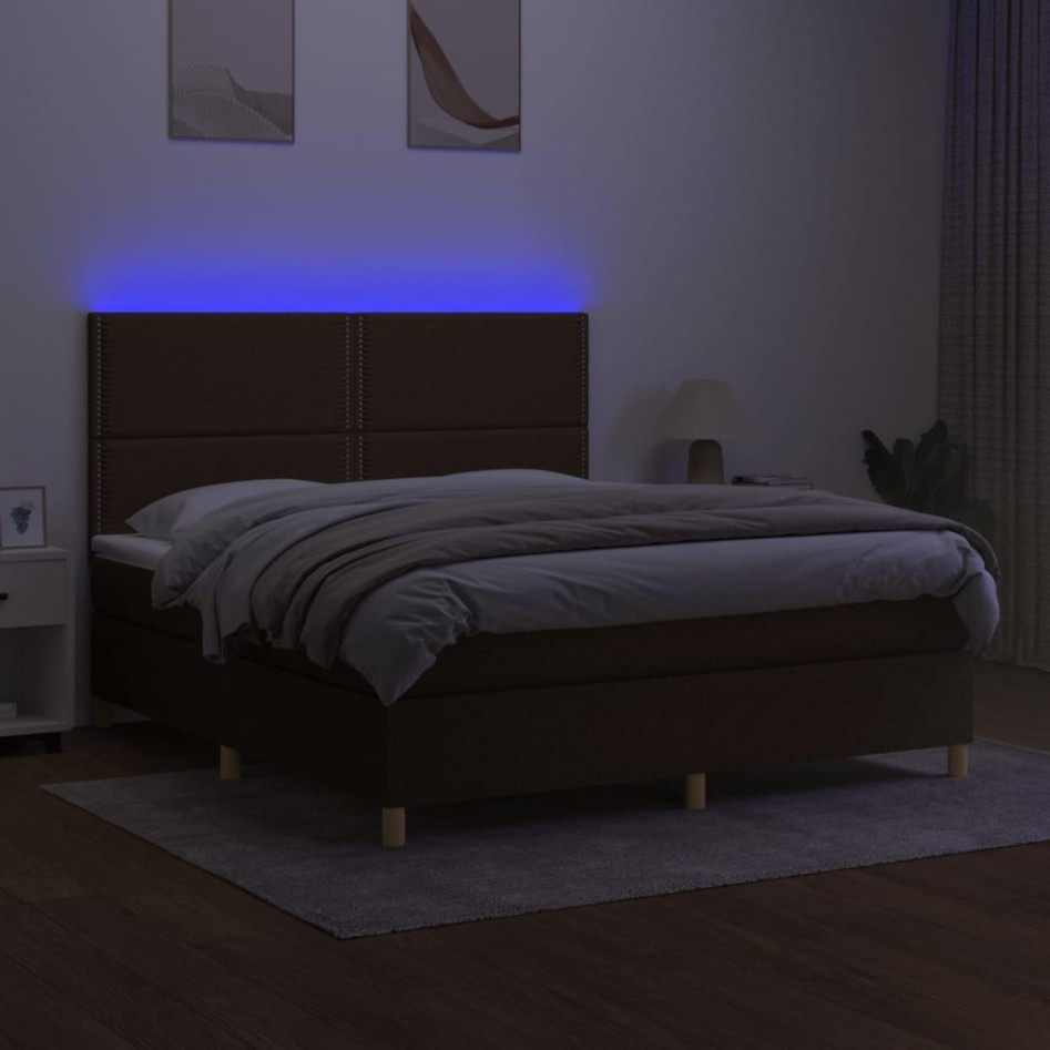 Cama box spring colchón luces LED tela marrón oscuro