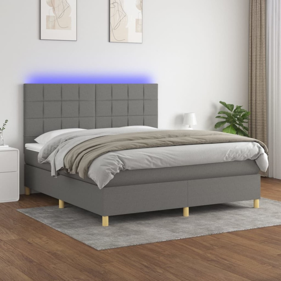 Cama box spring colchón y luces LED tela gris oscuro 160x200