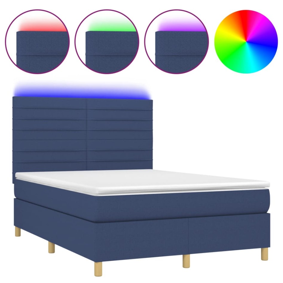 Cama box spring colchón y luces LED tela azul 140x190