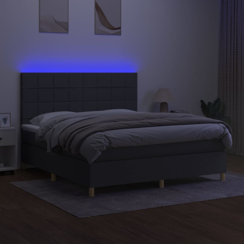 Cama box spring colchón y luces LED tela gris oscuro 180x200