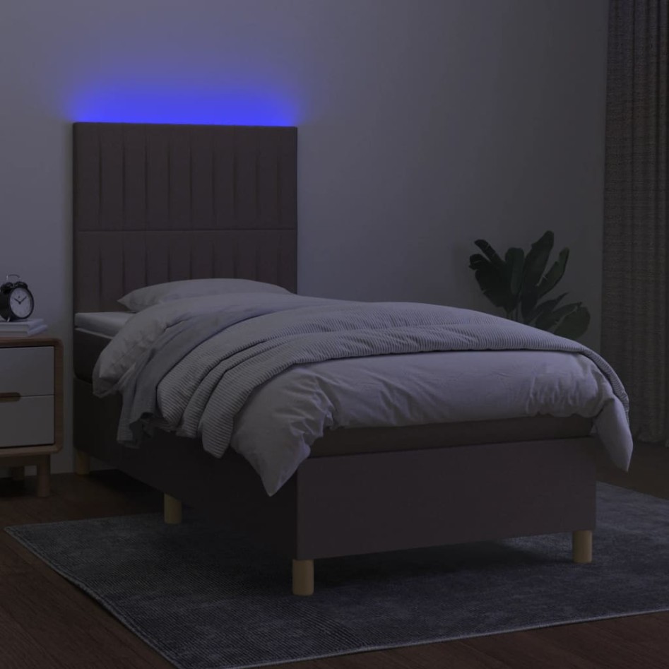 Cama box spring colchón y luces LED tela gris taupe 90x200