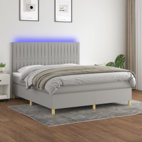 Cama box spring colchón y luces LED tela gris claro 160x200