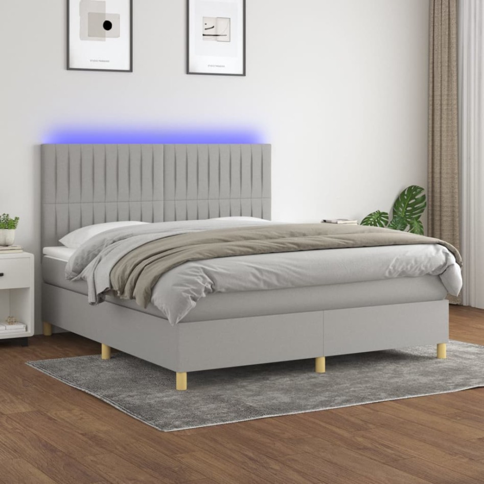Cama box spring colchón y luces LED tela gris claro 160x200