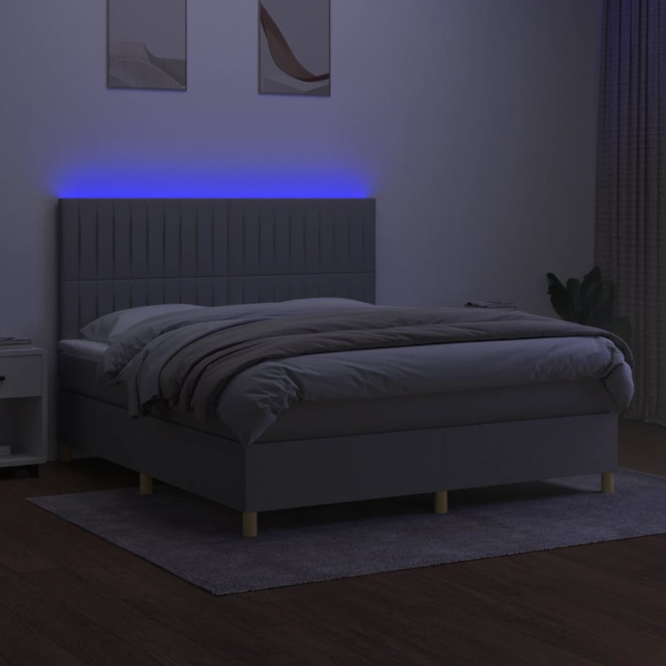 Cama box spring colchón y luces LED tela gris claro 160x200