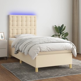 Cama box spring colchón y luces LED tela crema 80x200