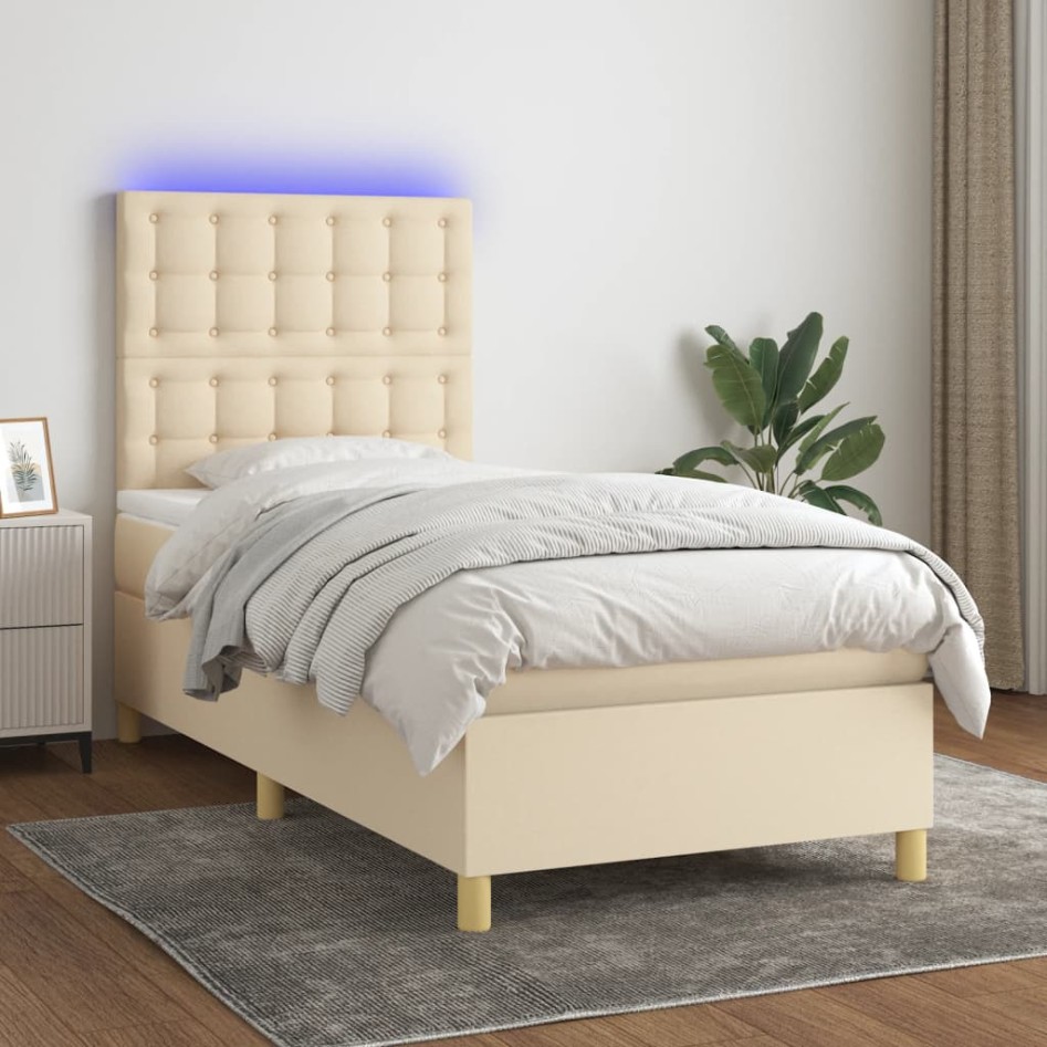 Cama box spring colchón y luces LED tela crema 80x200