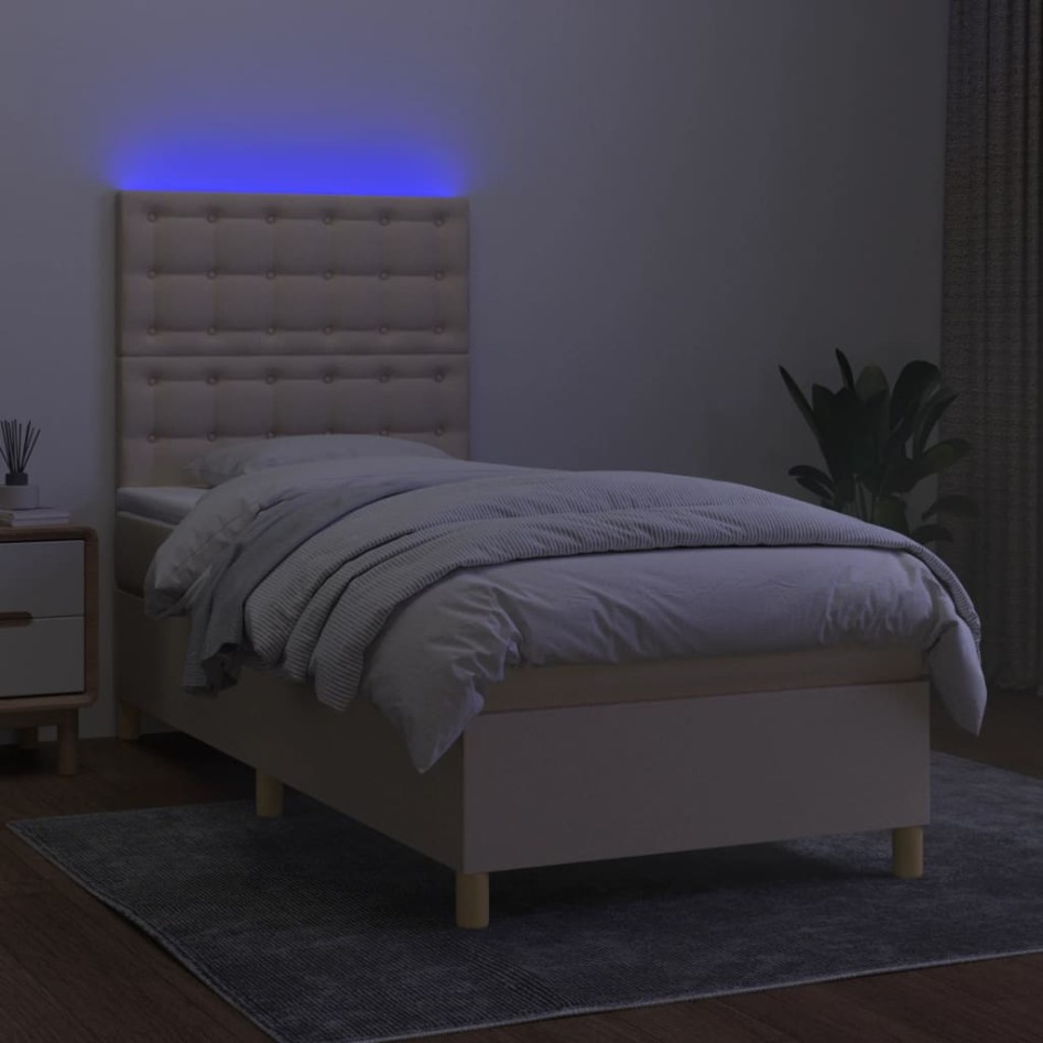 Cama box spring colchón y luces LED tela crema 80x200