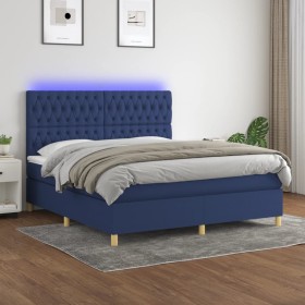 Cama box spring colchón y luces LED tela azul 160x200