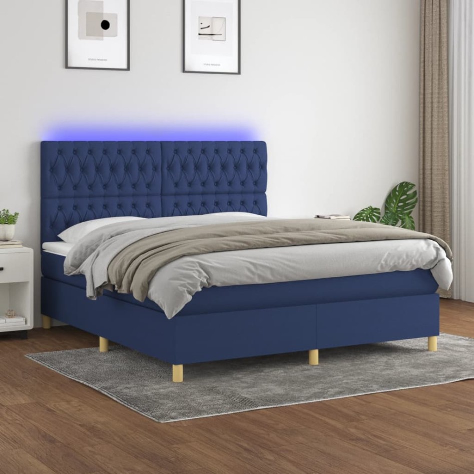 Cama box spring colchón y luces LED tela azul 160x200