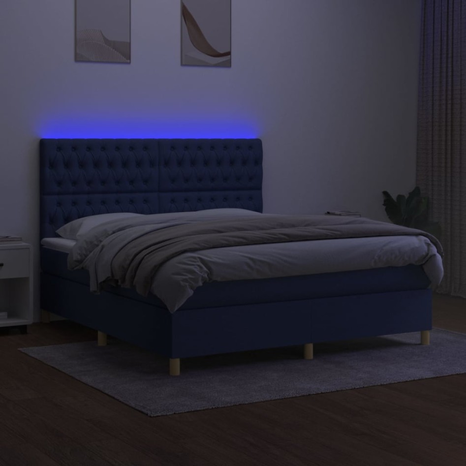Cama box spring colchón y luces LED tela azul 160x200