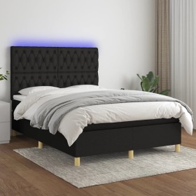 Cama box spring colchón y luces LED tela negro 140x200