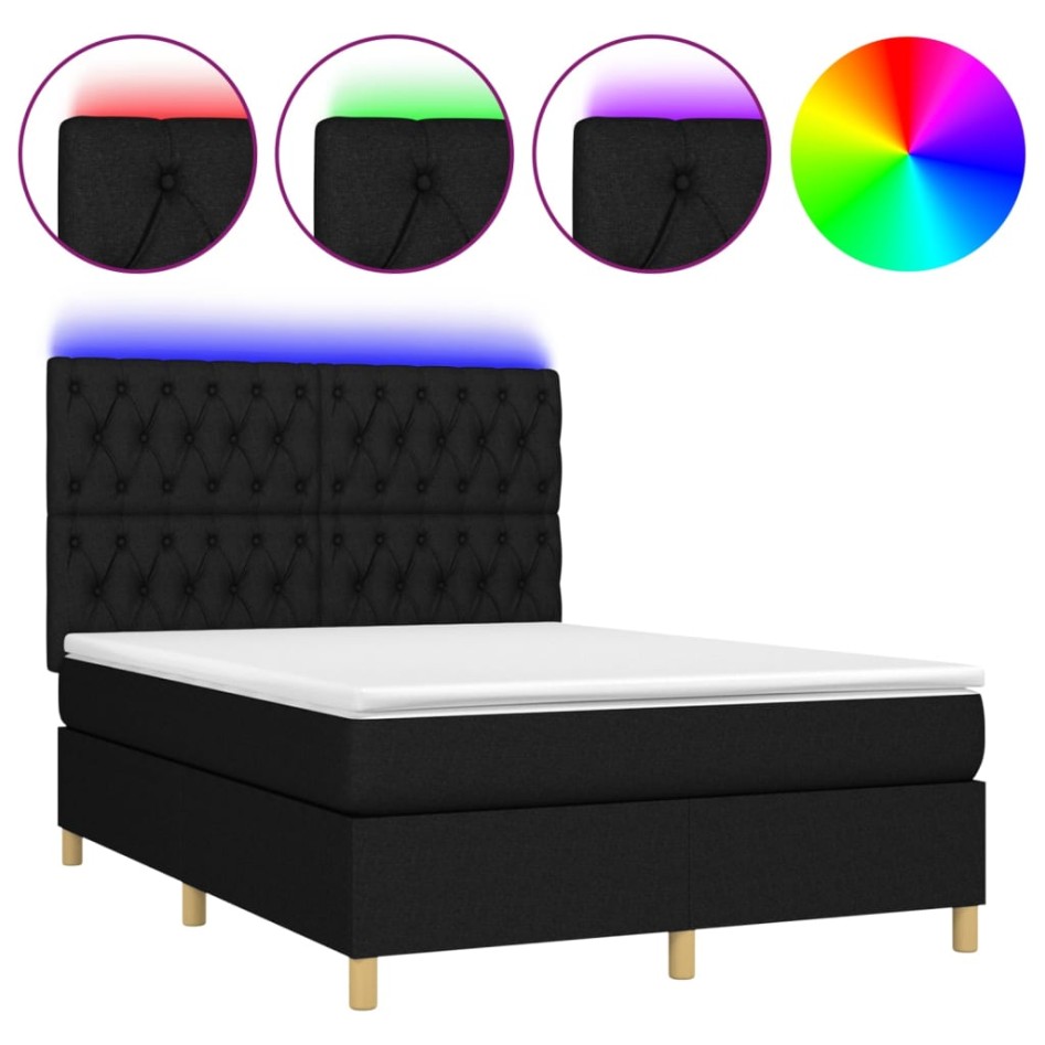 Cama box spring colchón y luces LED tela negro 140x200