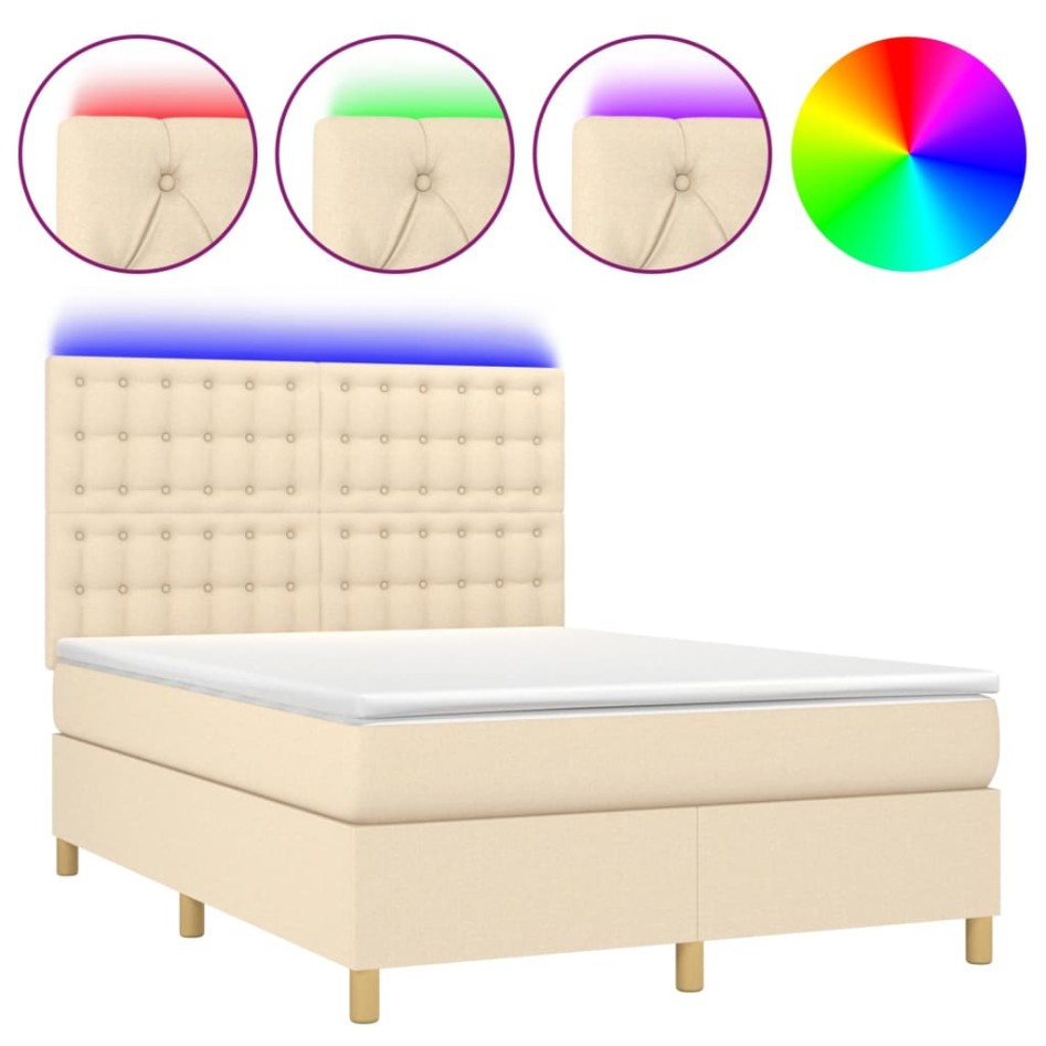 Cama box spring colchón y luces LED tela crema 140x190