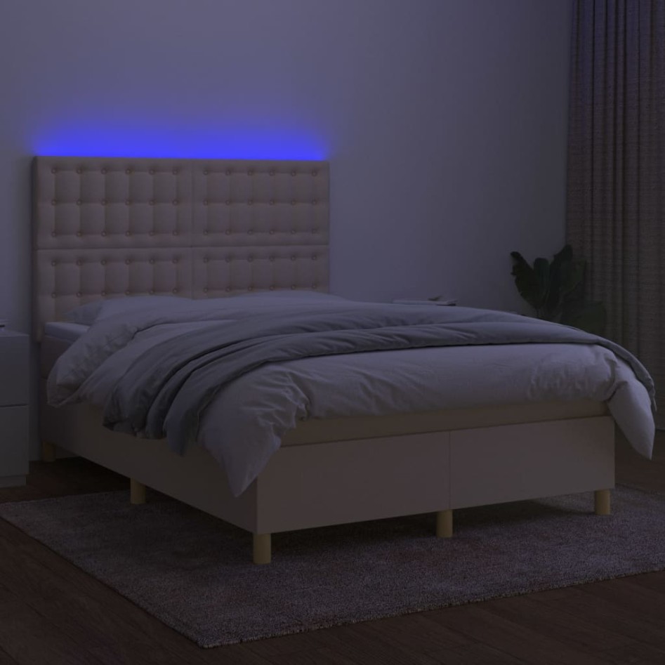 Cama box spring colchón y luces LED tela crema 140x190