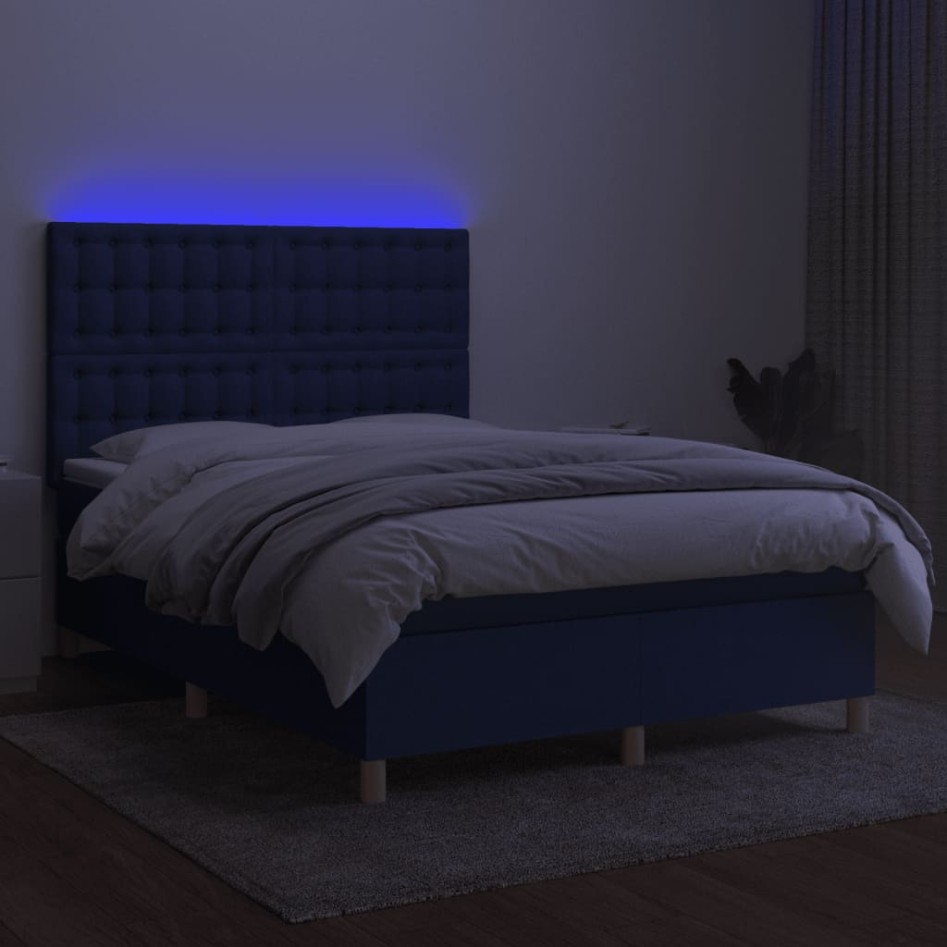 Cama box spring colchón y luces LED tela azul 140x200