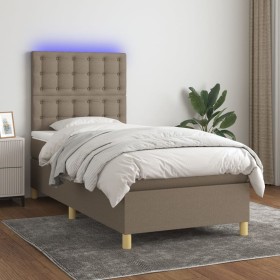 Cama box spring colchón y luces LED tela gris taupe 100x200