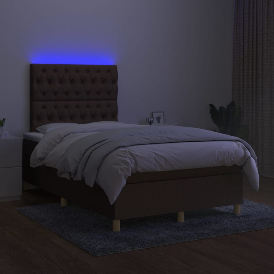 Cama box spring con colchón y LED tela marrón oscuro 120x200