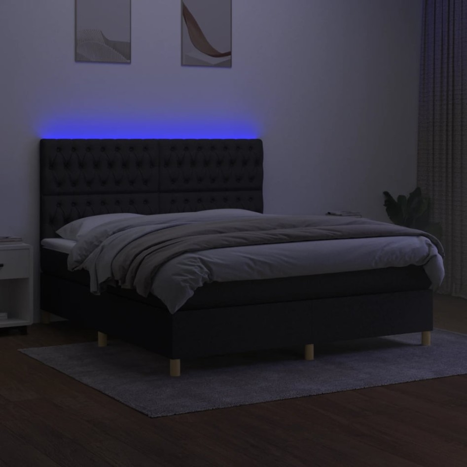 Cama box spring colchón y luces LED tela negro 160x200