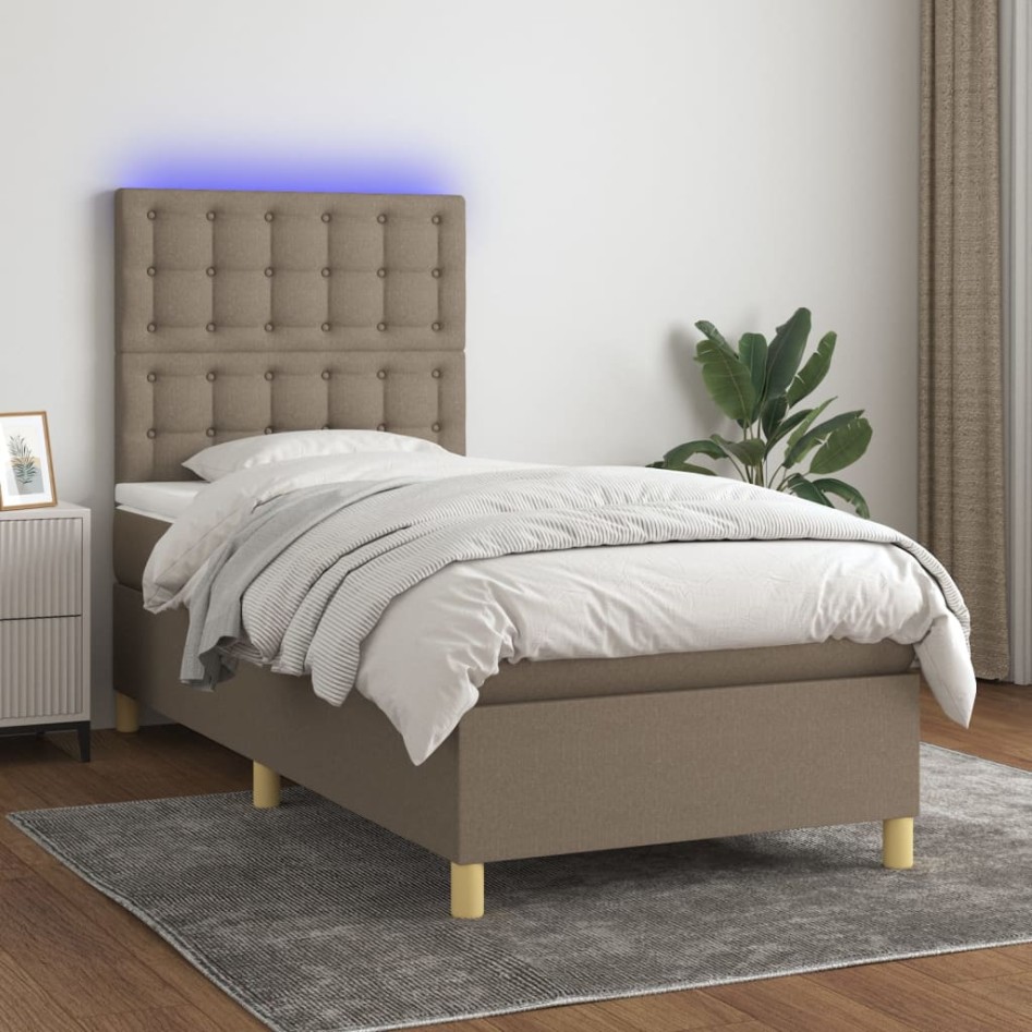 Cama box spring colchón y luces LED tela gris taupe 90x190