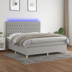 Cama box spring colchón y luces LED tela gris claro 160x200
