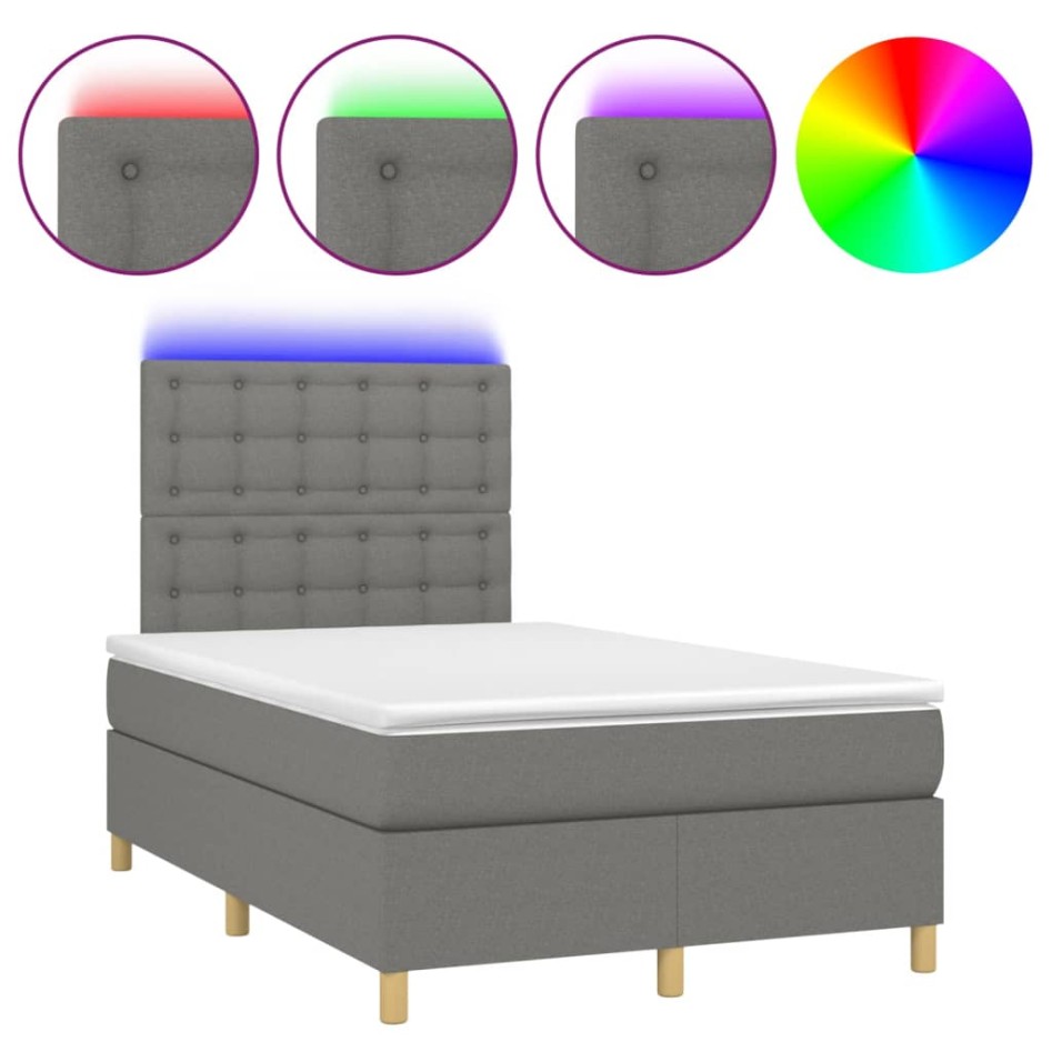 Cama box spring con colchón y LED tela gris oscuro 120x200