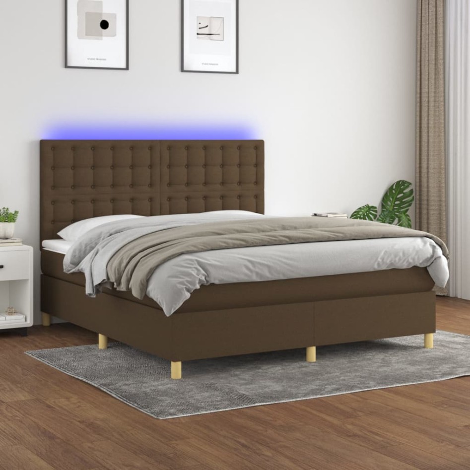 Cama box spring colchón luces LED tela marrón oscuro