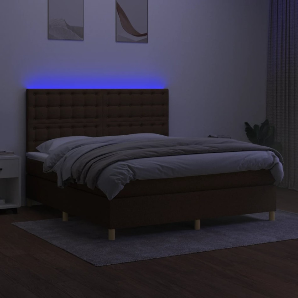 Cama box spring colchón luces LED tela marrón oscuro