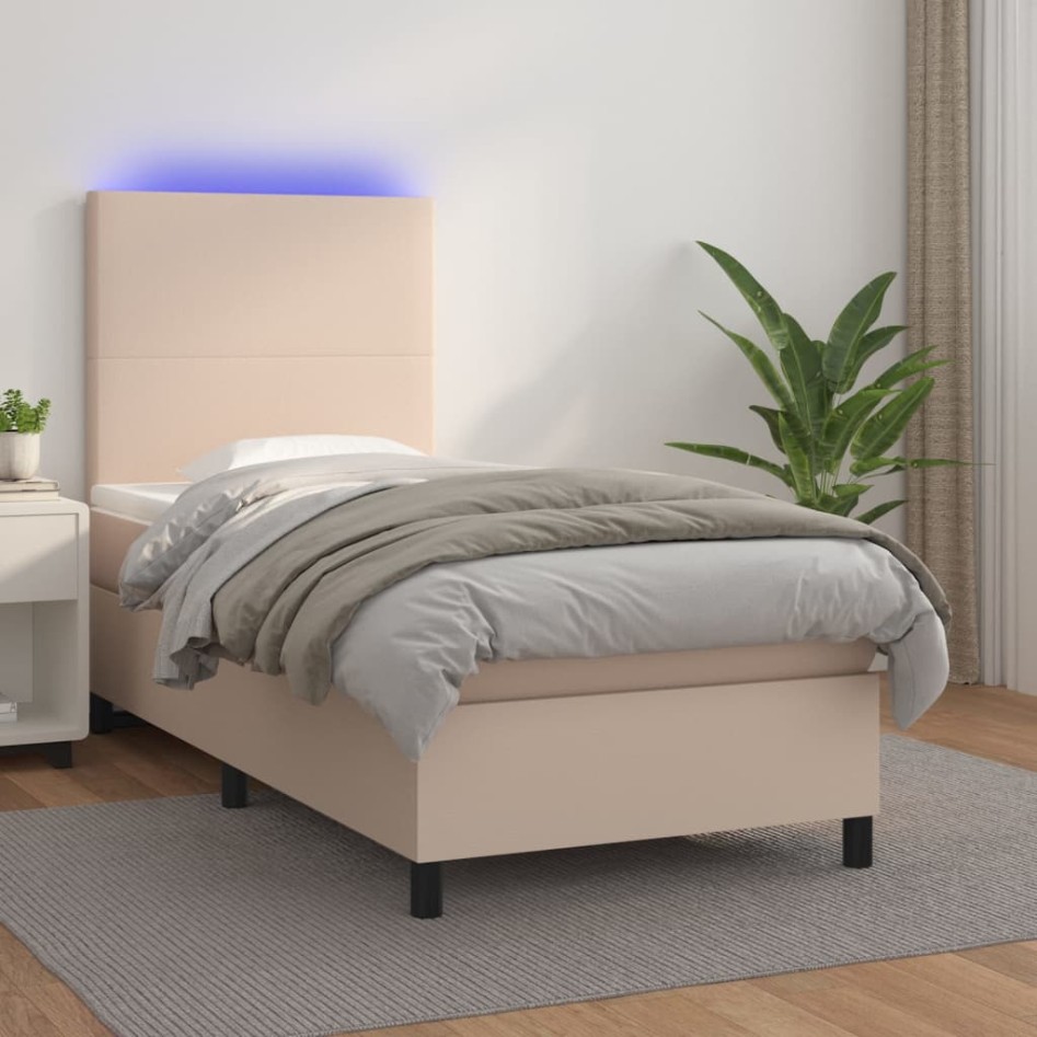 Cama box spring colchón LED cuero sintético capuchino 90x200
