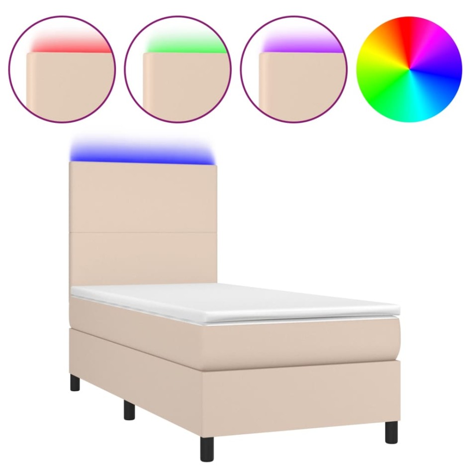 Cama box spring colchón LED cuero sintético capuchino 90x200