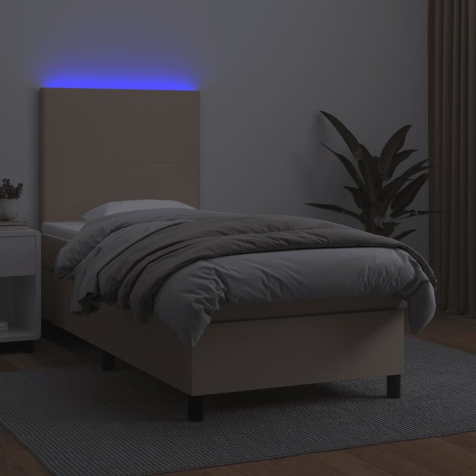 Cama box spring colchón LED cuero sintético capuchino 90x200