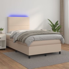 Cama box spring colchón LED cuero sintético capuchino