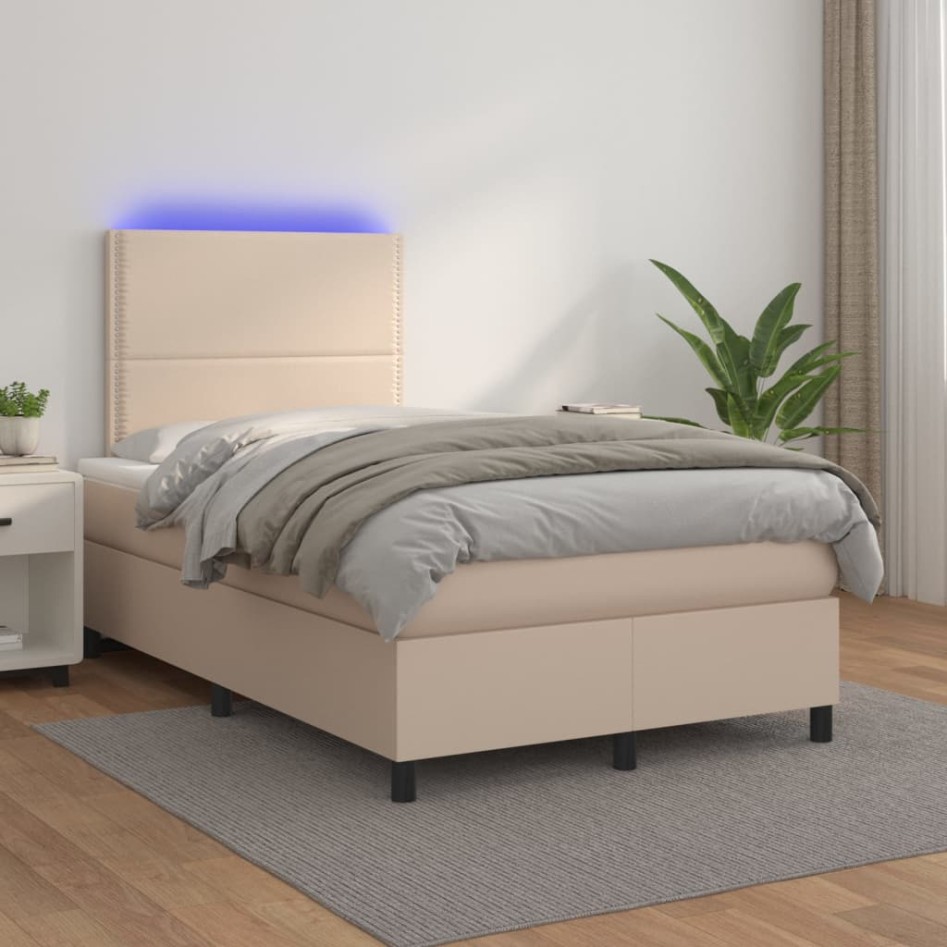 Cama box spring colchón LED cuero sintético capuchino