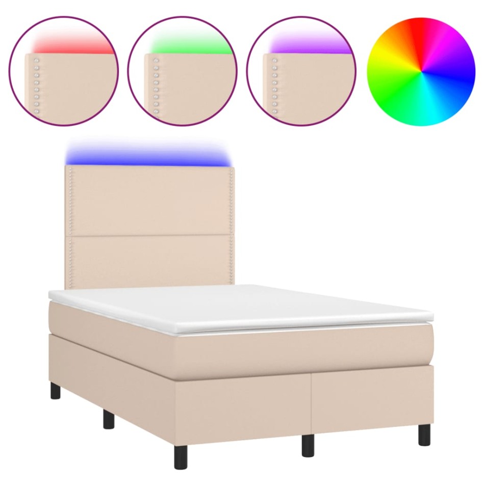 Cama box spring colchón LED cuero sintético capuchino
