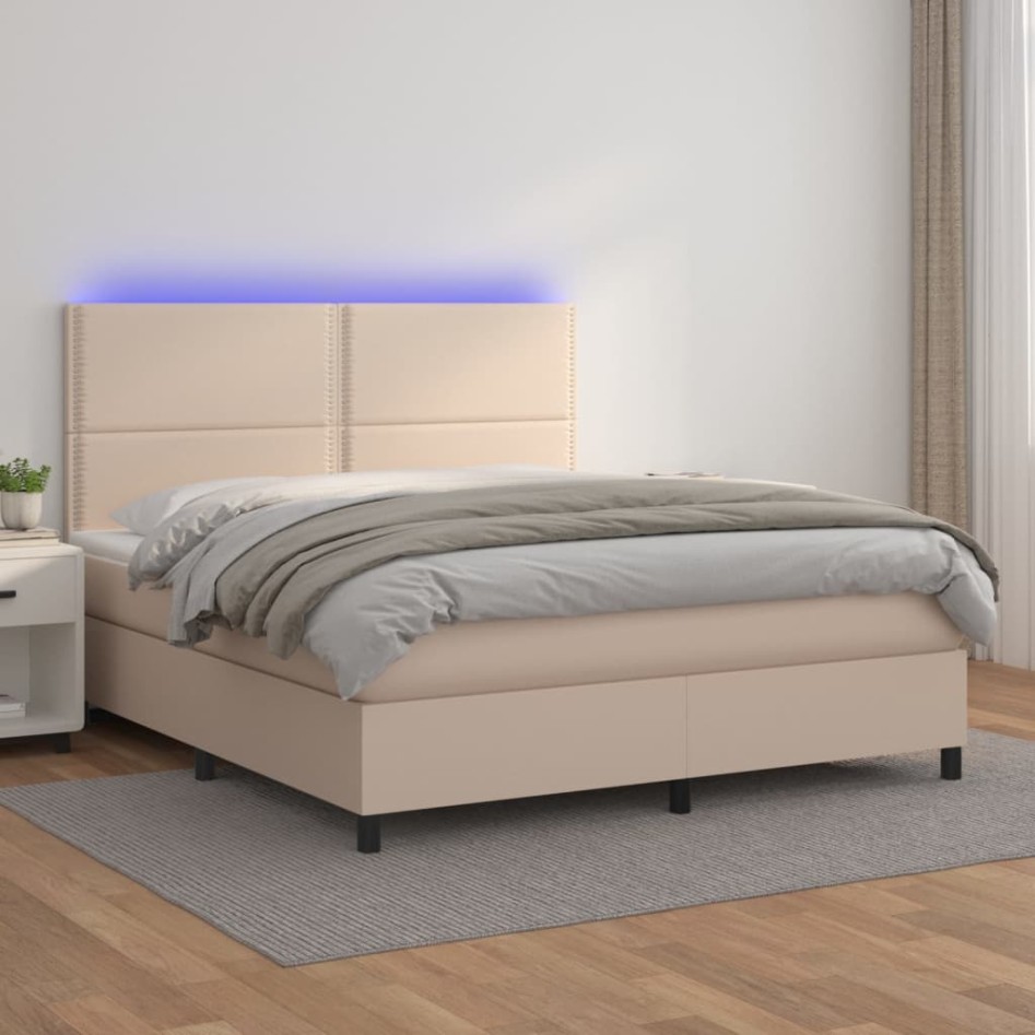 Cama box spring colchón LED cuero sintético capuchino