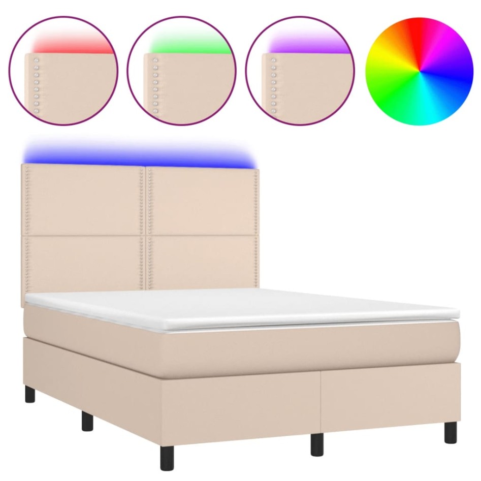 Cama box spring colchón LED cuero sintético capuchino